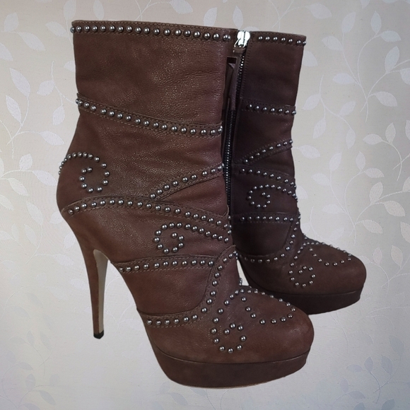 Miu Miu Y2K Platform Stiletto Boots - Studded Brown Ankle Heels 37 Designer - Picture 2 of 15